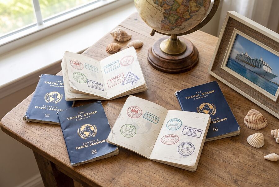 A collection of souvenir passports full of stamps