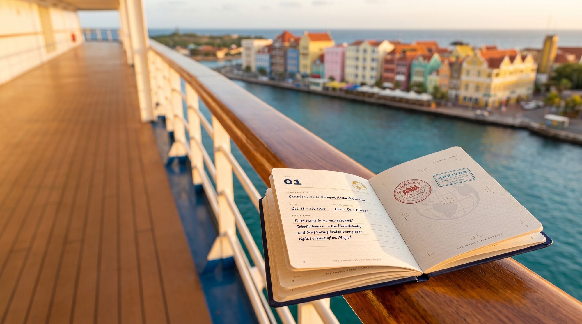 An open souvenir passport with a Curaçao stamp on the railing of a cruise ship in Willemstad