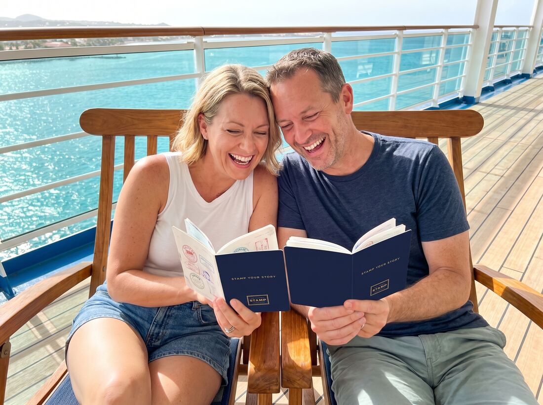 Couple comparing their passports on deck